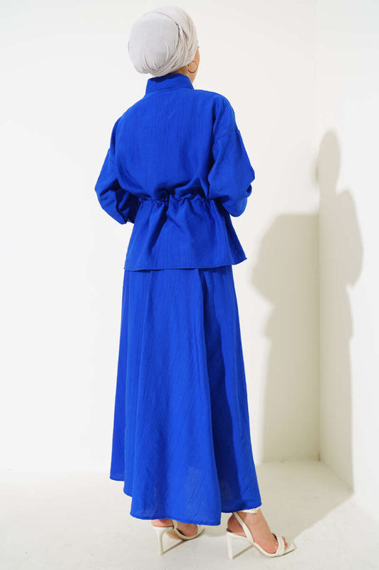 Kırışık Dokuma Etekli İkili Takım Saks