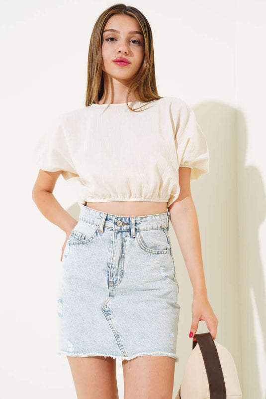 Chemise courte en lin froissé beige