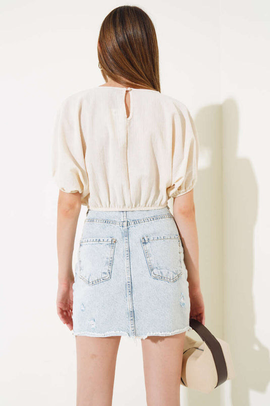 Chemise courte en lin froissé beige