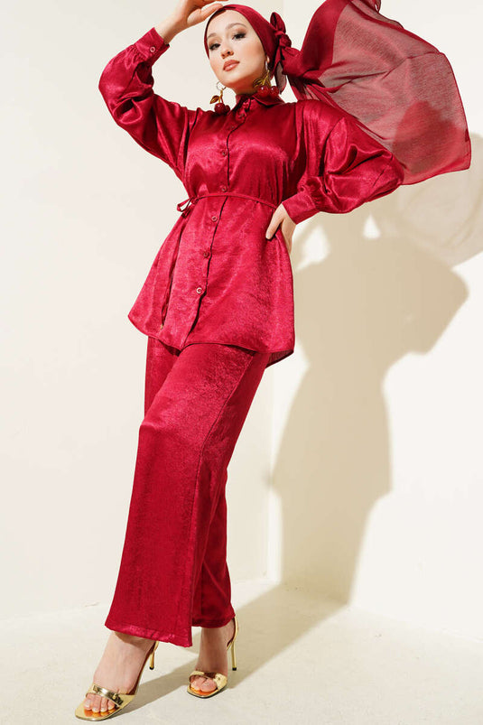 Wrinkled Satin Rope Belted Two Piece Suit Claret Red