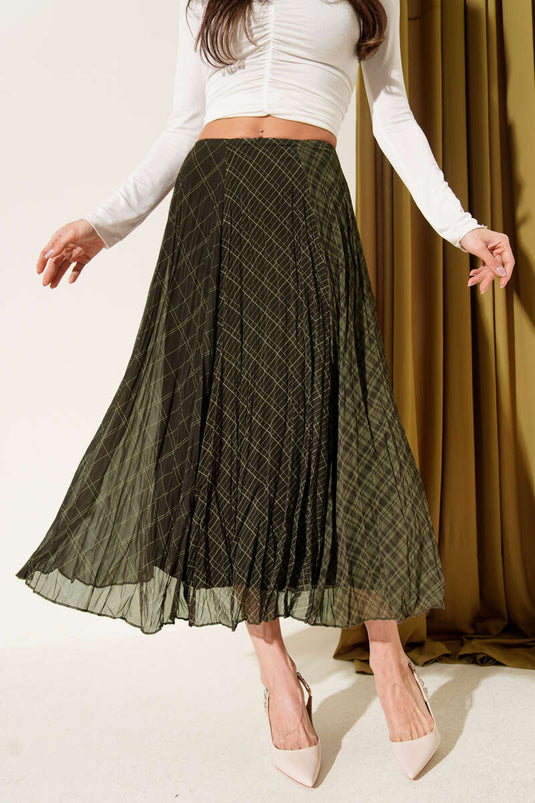 Wrinkled Chiffon Checked Midi Skirt Khaki