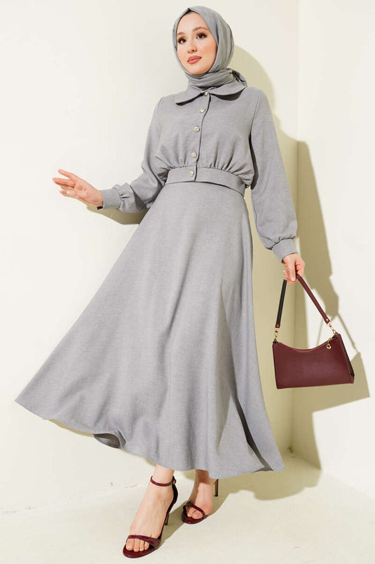 Short Jacket Buttoned Skirt Two Piece Suit Gray