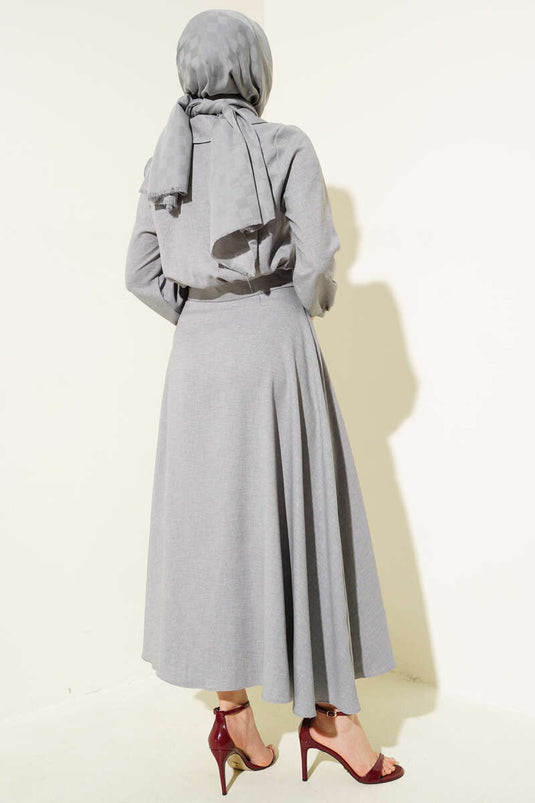 Short Jacket Buttoned Skirt Two Piece Suit Gray