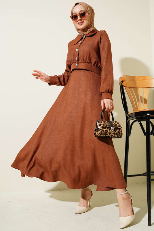 Short Jacket Buttoned Skirt Two Piece Suit Brown