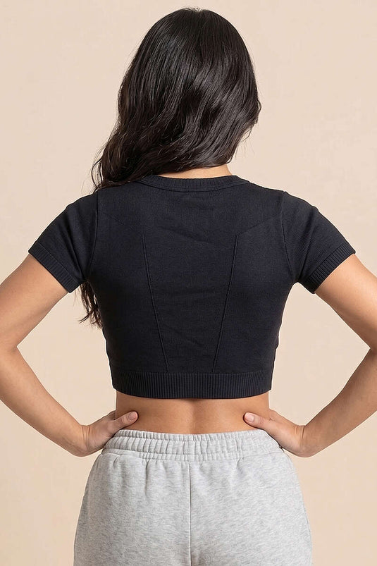 Kısa Kol Bel Lastikli Crop Siyah