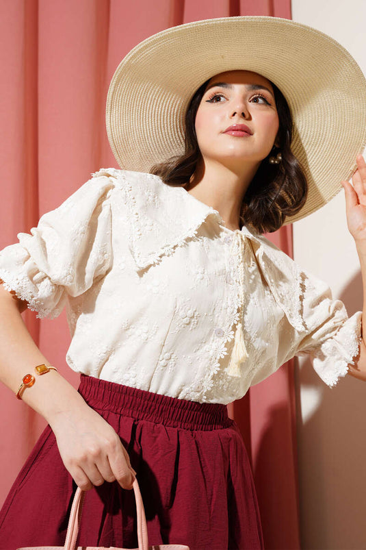 Short Sleeve Embroidered Shirt Beige