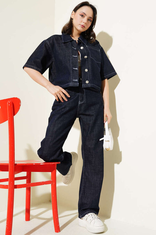 Short Sleeve Jacket Denim Two Piece Set Dark Navy Blue