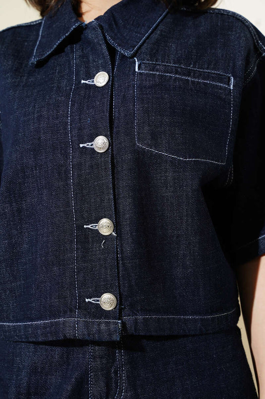 Short Sleeve Jacket Denim Two Piece Set Dark Navy Blue