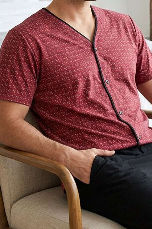 Pyjama pour homme à manches courtes, à motifs, avec boutons, couleur bordeaux