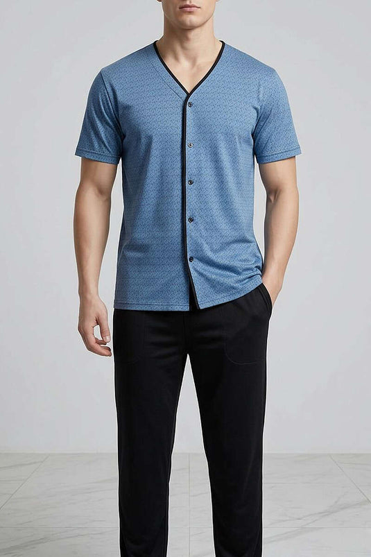 Ensemble pyjama homme à manches courtes avec boutons et motif, bleu