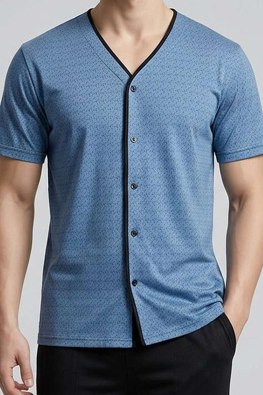 Ensemble pyjama homme à manches courtes avec boutons et motif, bleu