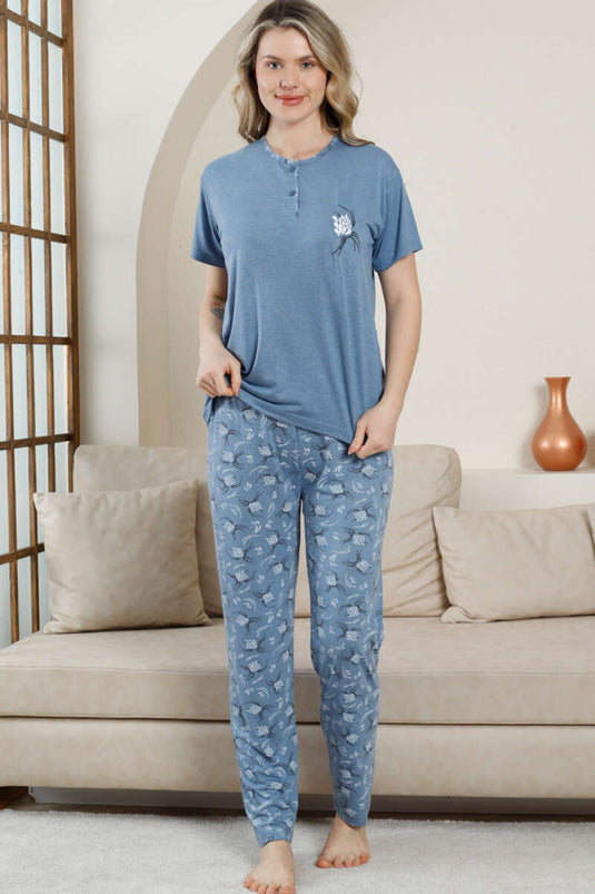 Short Sleeve Buttoned Patterned Pajama Set Blue