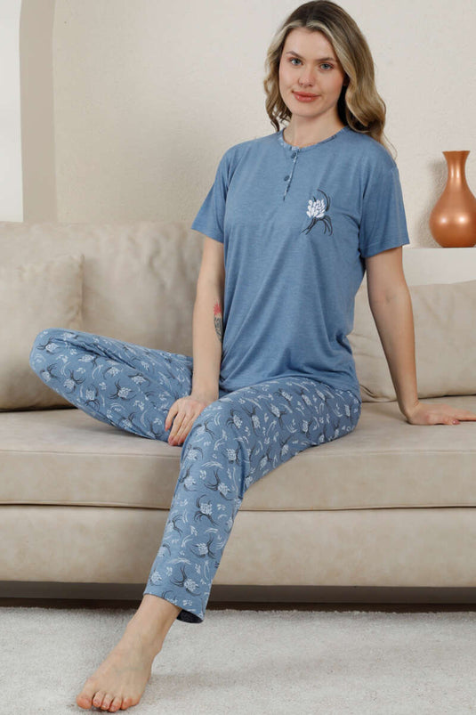 Short Sleeve Buttoned Patterned Pajama Set Blue