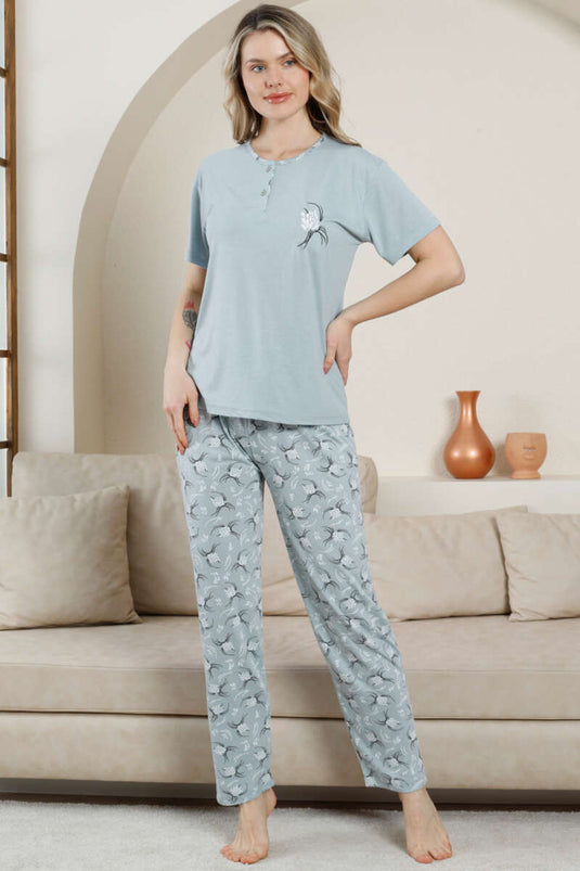 Short Sleeve Buttoned Patterned Pajama Set Mint