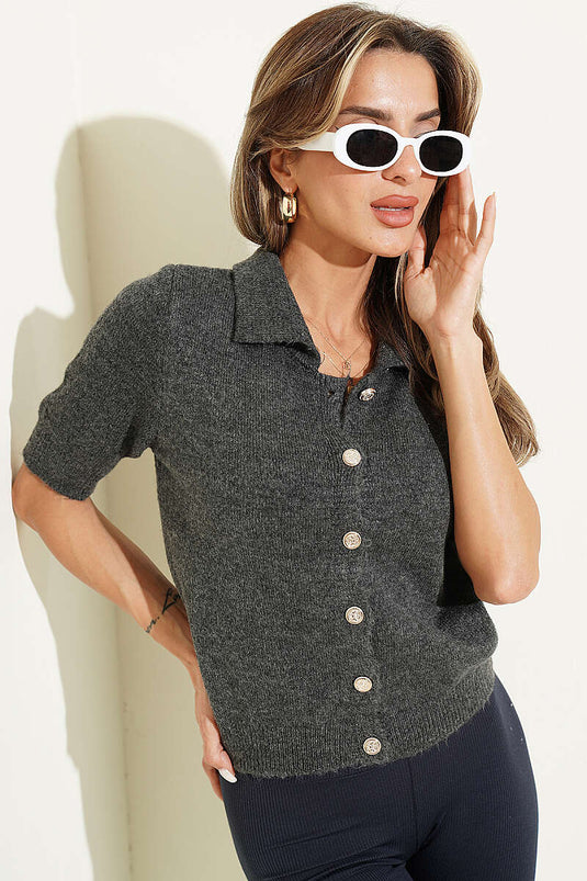 Kurzarm Knitted Cardigan Mit Knöpfen, Rauchgrau