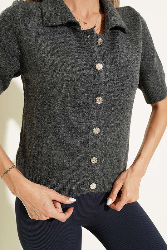 Kurzarm Knitted Cardigan Mit Knöpfen, Rauchgrau