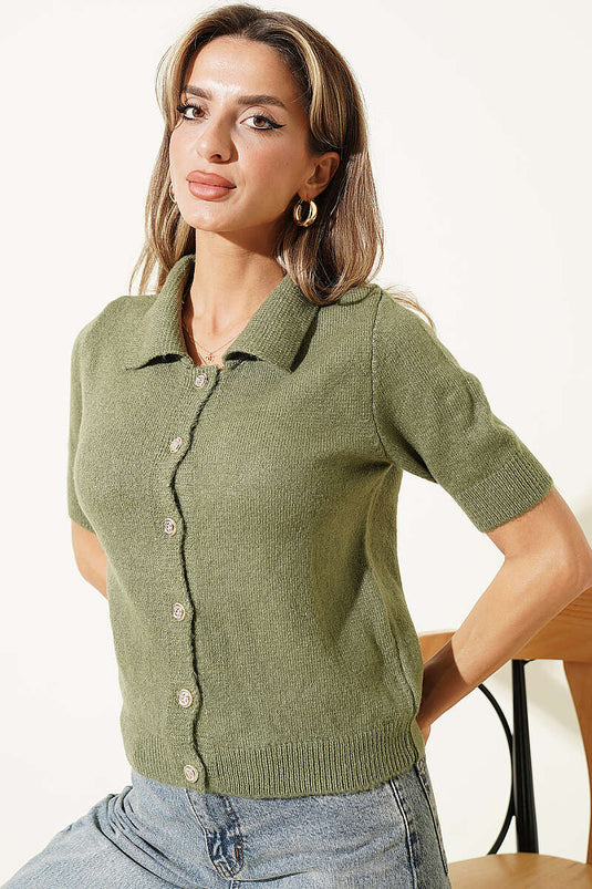 Kurzarm Knitted Cardigan Mit Knöpfen Khaki
