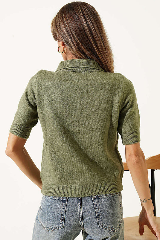 Kurzarm Knitted Cardigan Mit Knöpfen Khaki