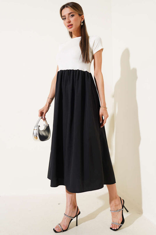 Short Sleeve Garnished Midi Dress Ecru