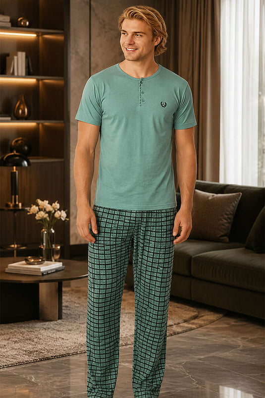 Kısa Kol Kare Çizgi Desen Erkek Pijama Takımı Mint