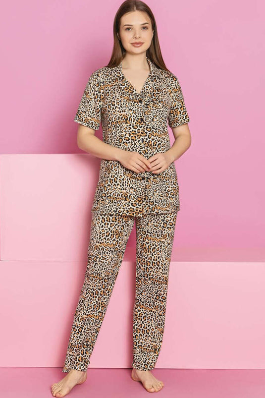 Short Sleeve Leopard Printed Buttoned Pajama Set Leopard