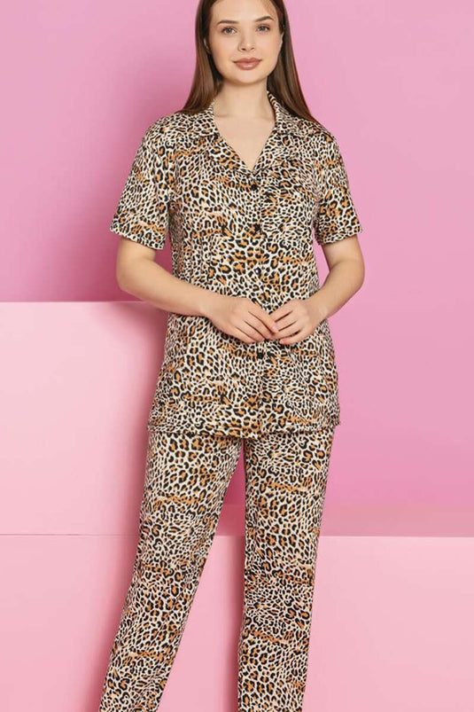 Short Sleeve Leopard Printed Buttoned Pajama Set Leopard