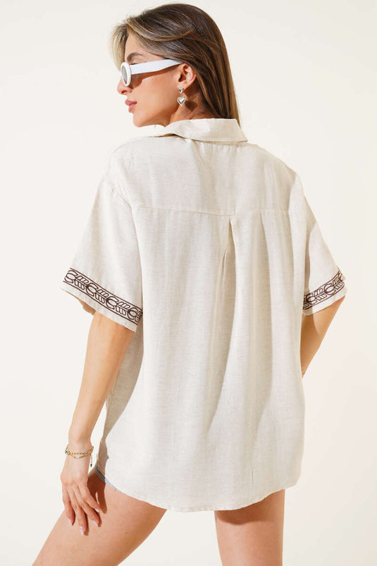 Kurzarmhemd mit bestickter Tasche, Farbe: Stone