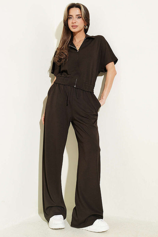 Ensemble deux pièces à manches courtes avec taille élastique, couleur marron foncé