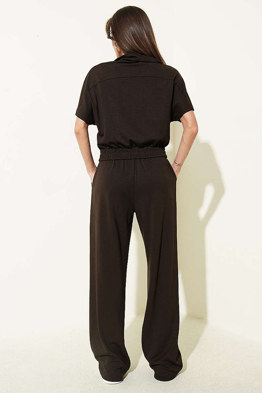 Ensemble deux pièces à manches courtes avec taille élastique, couleur marron foncé