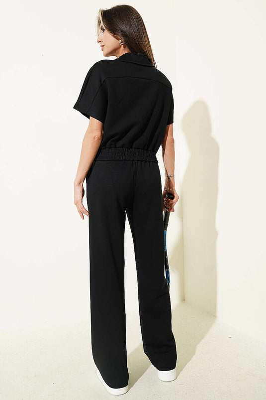 Korte mouwen, elastische taille, tweedelige set zwart
