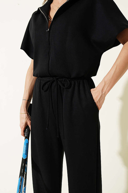 Korte mouwen, elastische taille, tweedelige set zwart