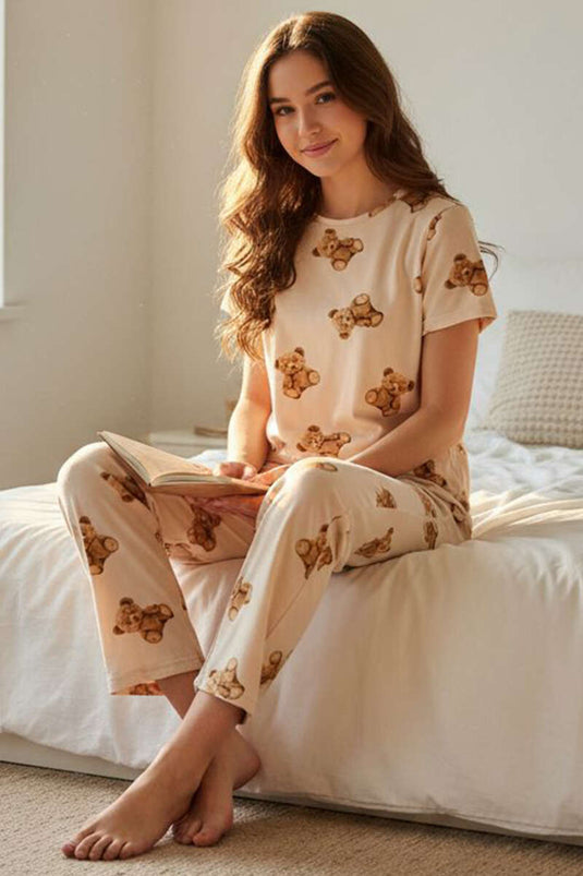 Kısa Kollu Bisiklet Yaka Desenli Pijama Takımı Asorti 3