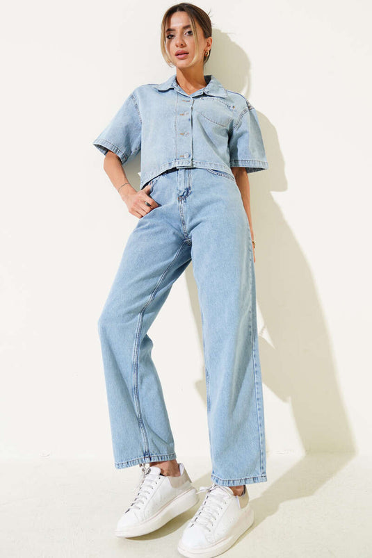 Short Sleeve Jacket Denim Two Piece Set Light Blue