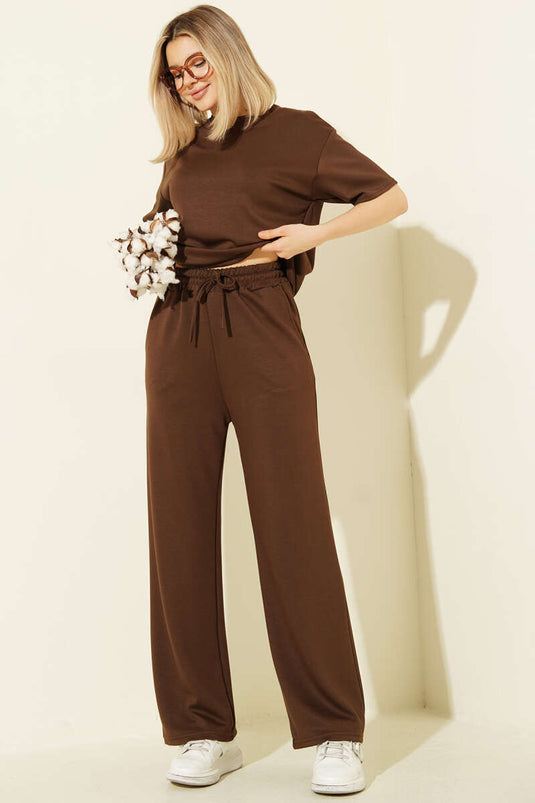 Short-Sleeved Loyşa T-shirt Two-Piece Set Brown
