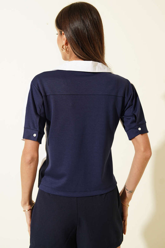 Short Sleeve Modal Trim Shirt Navy Blue