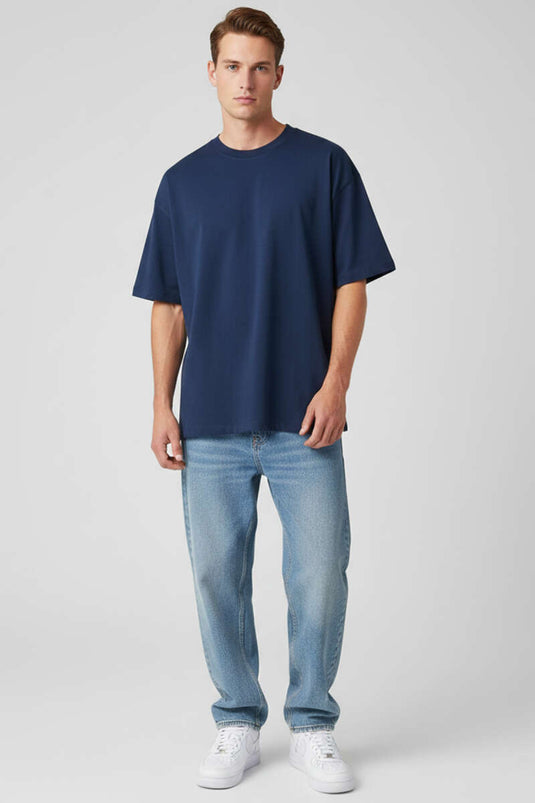 Kısa Kollu Oversize Erkek Tişört Lacivert