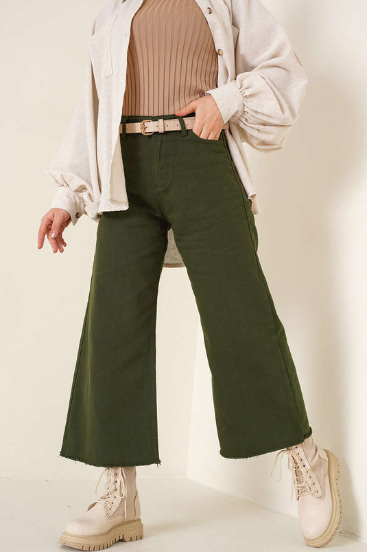 Short Fringed Denim Pants Green