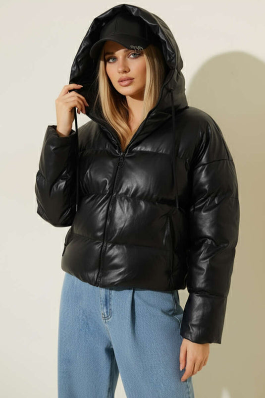 Short Puffy Leather Jacket, Black