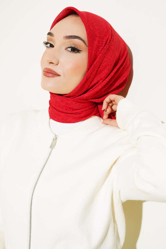 Kıvrık Desen Yazma Eşarp Kırmızı