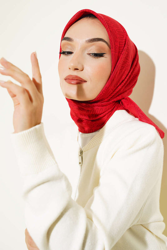 Kıvrık Desen Yazma Eşarp Kırmızı