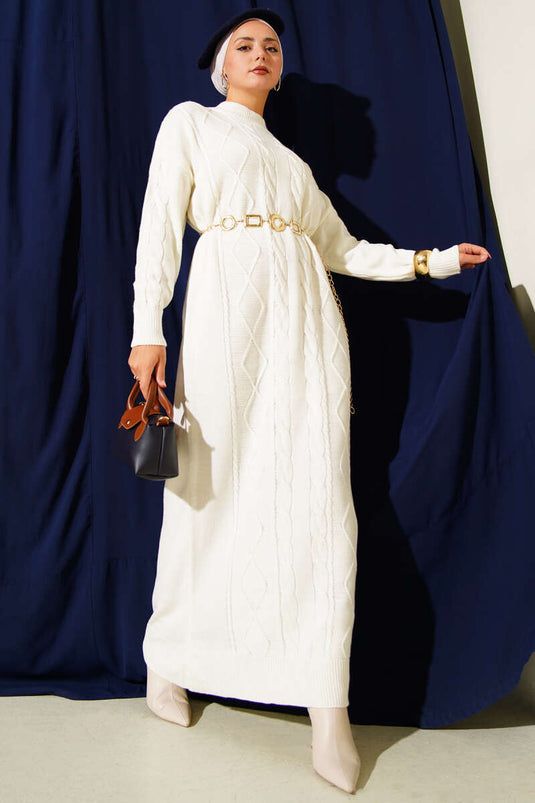 Curly Knitted Sweater Dress in Ecru