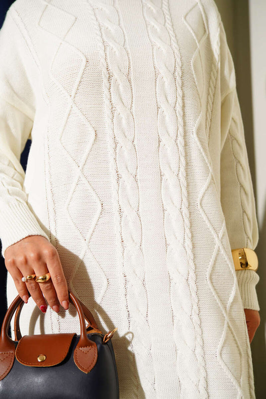Curly Knitted Sweater Dress in Ecru