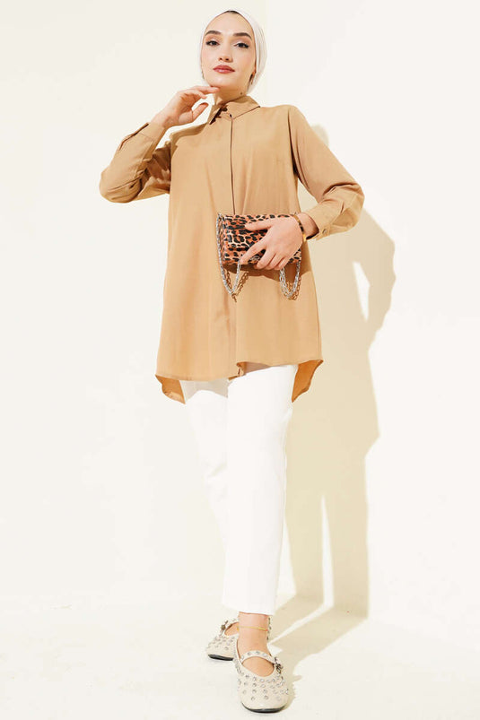 Classic Collar Oval Cut Milky Coffee Shirt
