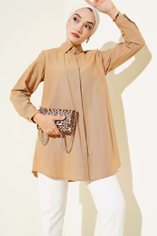 Classic Collar Oval Cut Milky Coffee Shirt