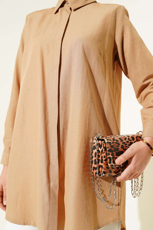 Classic Collar Oval Cut Milky Coffee Shirt