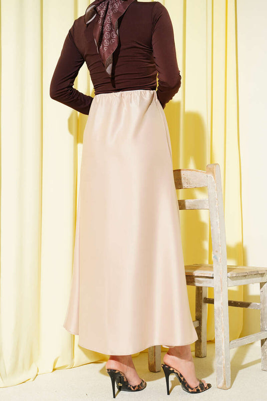 Beige Satin Skirt with Elastic Waist and Flared Design