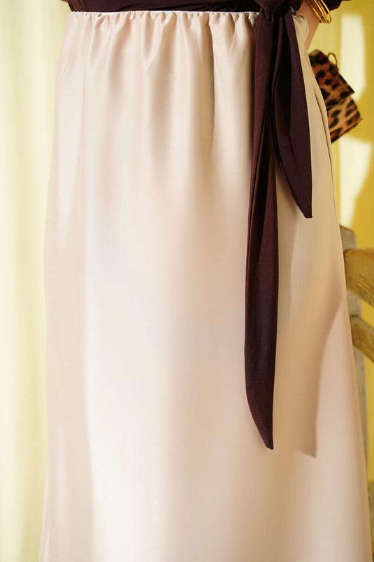 Beige Satin Skirt with Elastic Waist and Flared Design