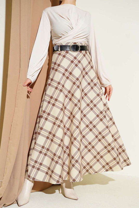 Flared Checked Pattern Belted Skirt Beige