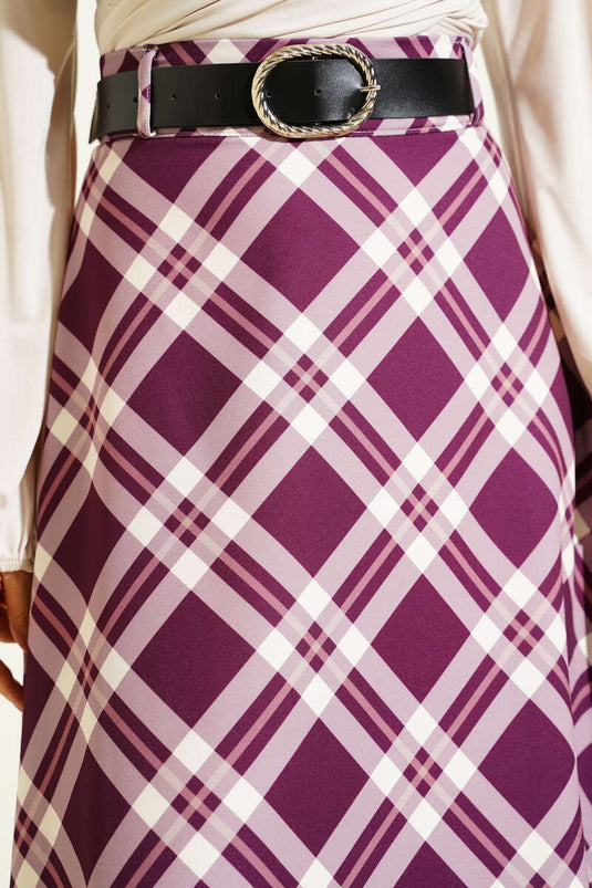 Jupe évasée à carreaux avec ceinture couleur prune