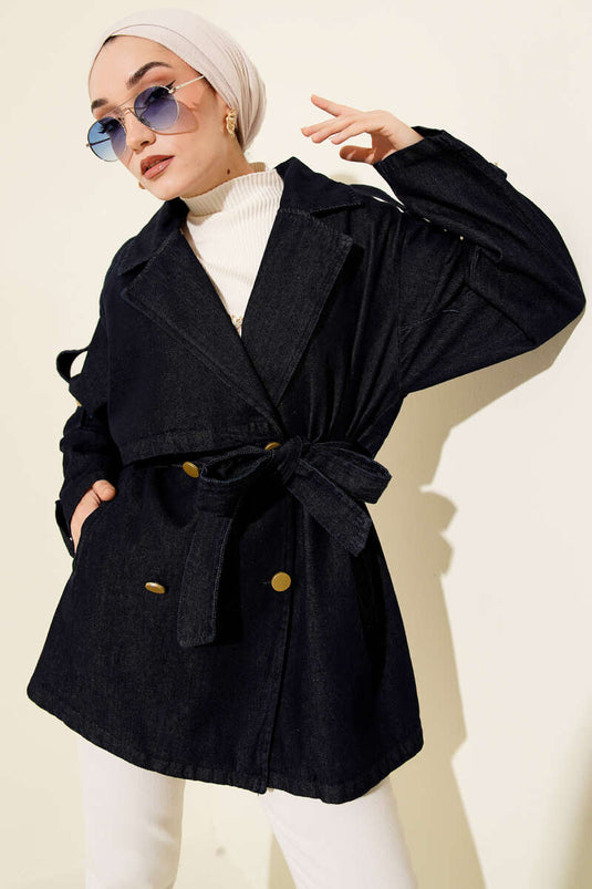 Trench-coat en denim bleu marine avec épaulettes et ceinture